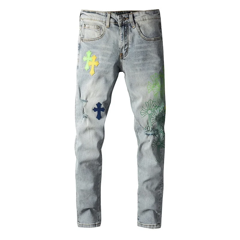 

Blue Men's Slim Light Fit Streetwear Pants Fashion Print Pattern Distressed Leather Cross Patches Skinny Stretch Ripped Jeans