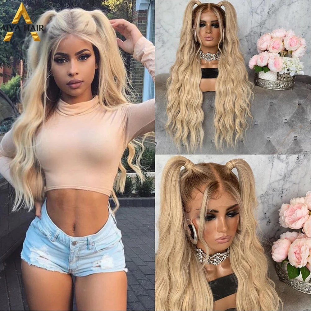 Ombre Honey Blonde Synthetic Lace Front Wig Long Wavy Synthetic Lace Wig Heat Resistant Cosplay Wigs For Black Women Aiva peluca