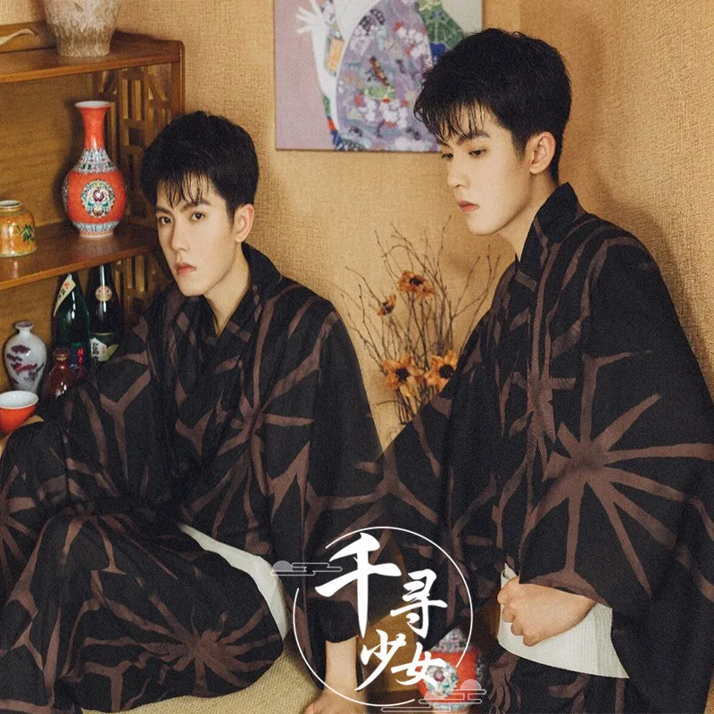 Мужская японская традиционная кимоно халат летний новый юката с поясом домашний наряд винтажный самурайский косплей вечерние платья.