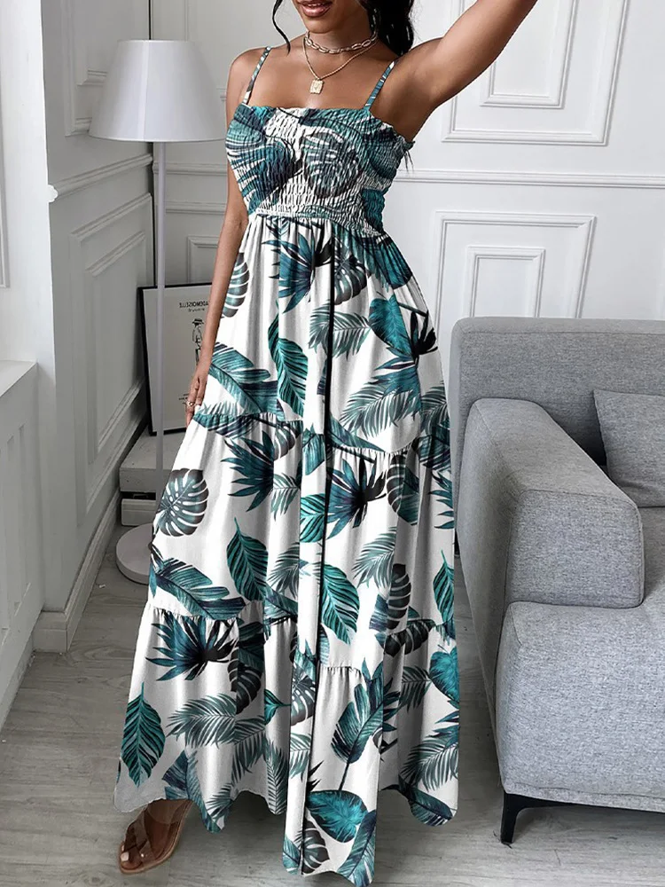 

Женское платье-бандо с тропическим принтом, повседневное летнее платье макси на бретелях-спагетти, 2023