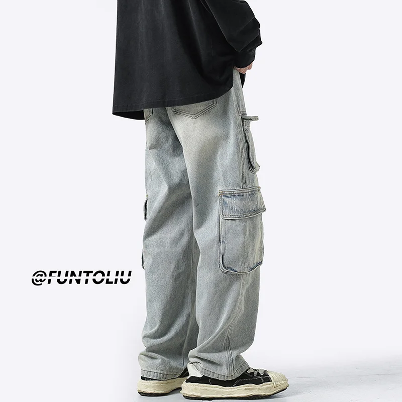 Blue Black Baggy Cargo Jeans Men Fashion Casual Pocket Jeans Men Streetwear Hip Hop Loose Straight Denim Pants Mens Trousers