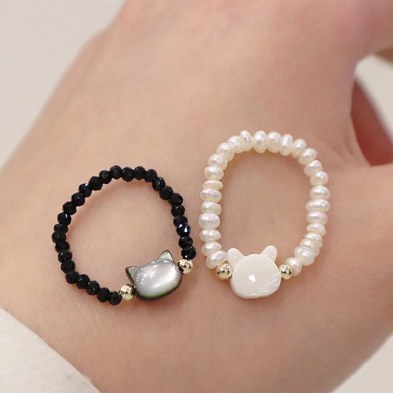 

Handmade Black Bead Rings for Women Shell Freshwater Pearl Ring Stainless Steel Beads Jewelry Girls
