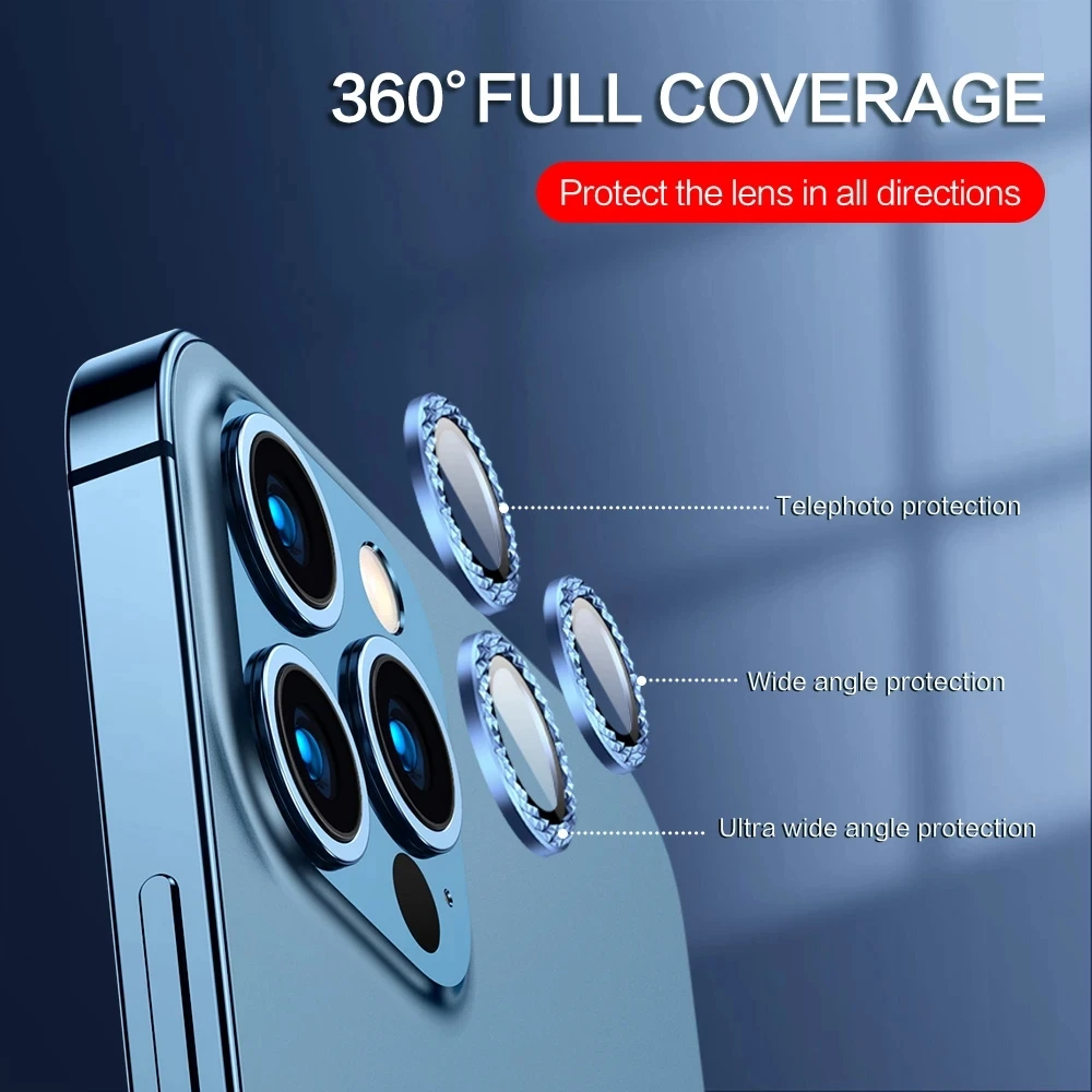 50set Luxury Diamond Camera Lens Protector on For iPhone 11 12 13 mini 14 pro max Back Camera Glass Metal Protect Sticker Cap