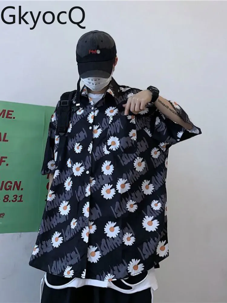 

Рубашка GkyocQ в стиле Харадзюку для мужчин и женщин, тонкая блуза с принтом маргариток, Повседневная Свободная винтажная молодежная одежда дл...