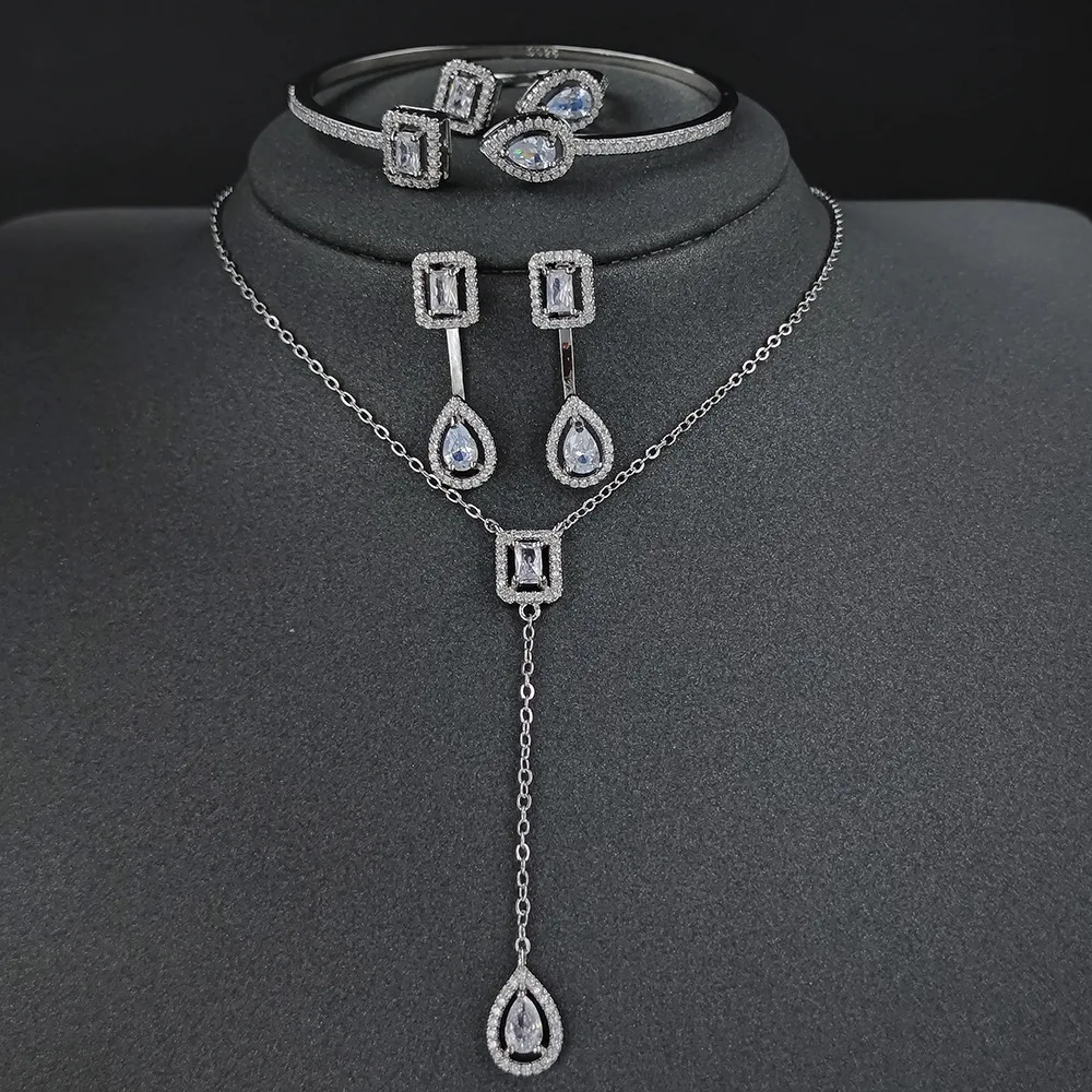 

2022 комплект женских длинных ювелирных изделий из кубического циркония, серьги, колье, ожерелье, браслет для женщин Стразы, свадебные компле...