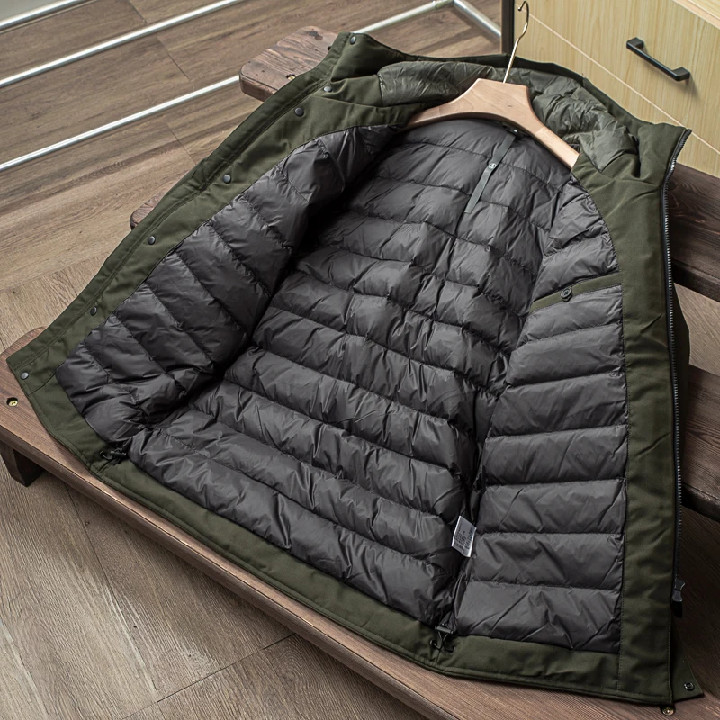Man Duck Down Overcoat & Jacket Puffy Warm Thick Padded Parkas with a Hood Male Winter Cloth Daily Outerwear Army Green Khaki