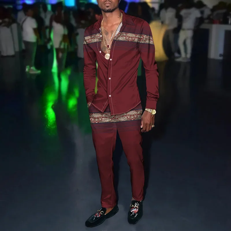 

New Autumn Men Party Dress Shirt + Pants Fashion Brand 3D Horizontal Strip Graph Cardigan Slacks S-4XL Oversized Men's Clothing