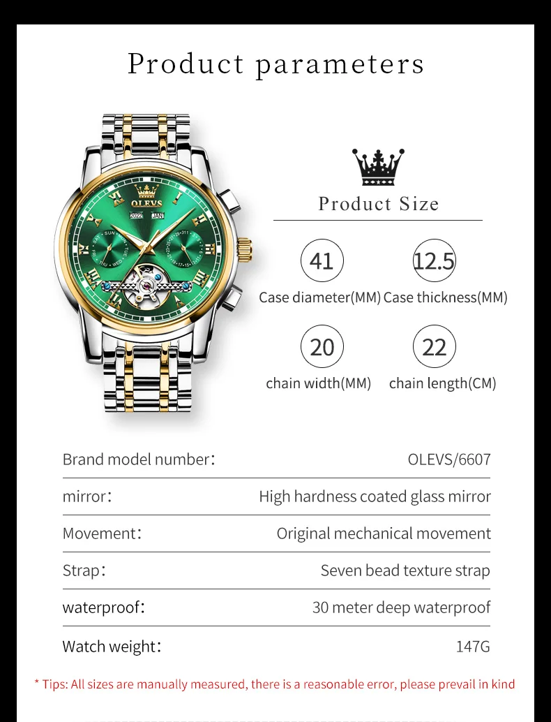 OLEVS Automatic Mechanical Watch Men Stainless Steel Strap Waterproof Classic Business Green Watch Skeleton Calendar Clock 6607 enlarge
