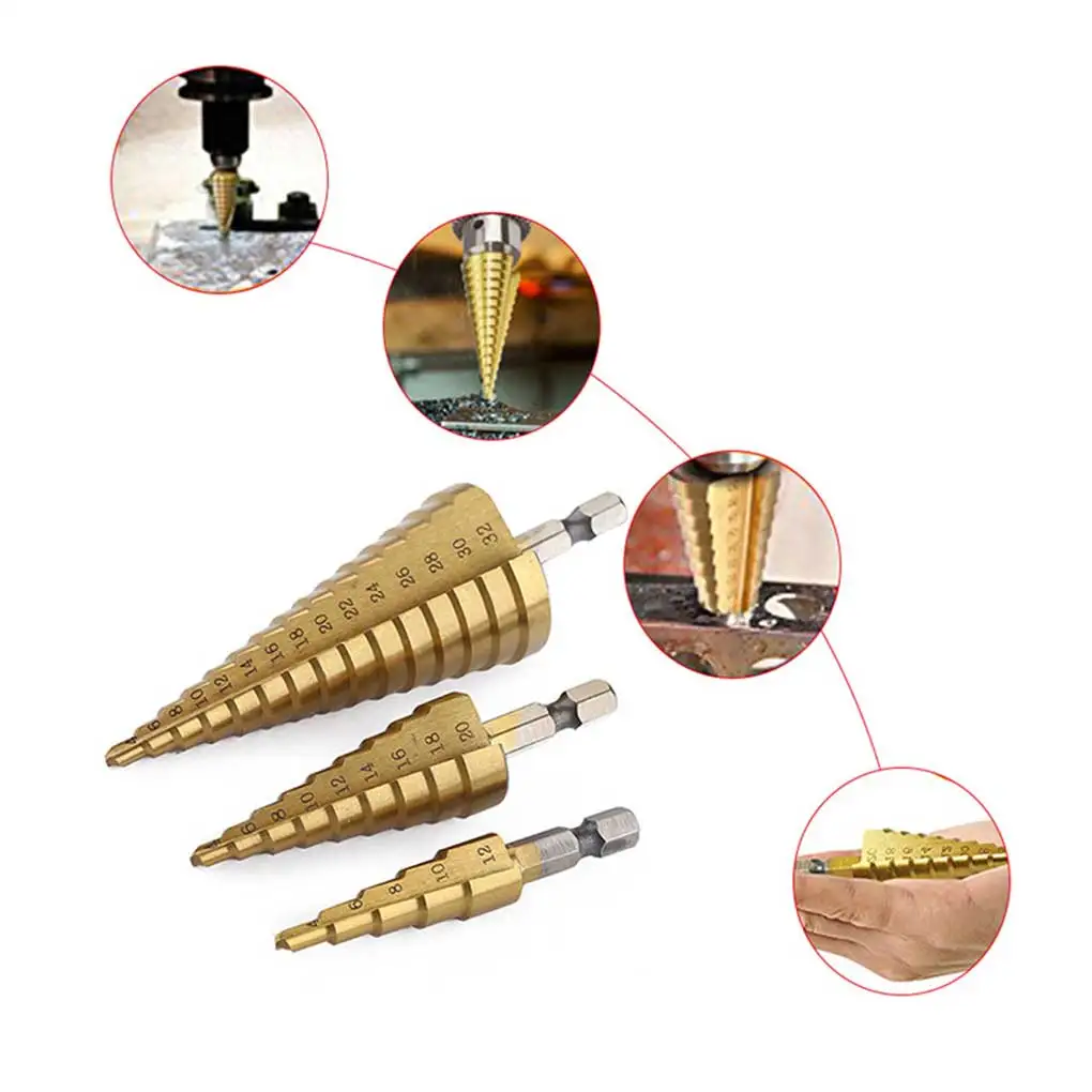 

Pack of 3 Hexagonal Step Drill Bits Machinery Replacement with Storage Bag