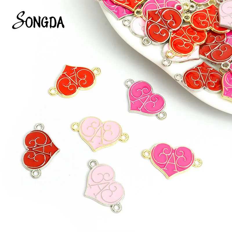 

10pcs Creative Enamel Heart Love Charms Connectors Gold Color Plated Alloy Pendant Charm for DIY Bracelet Making Funny Accessory