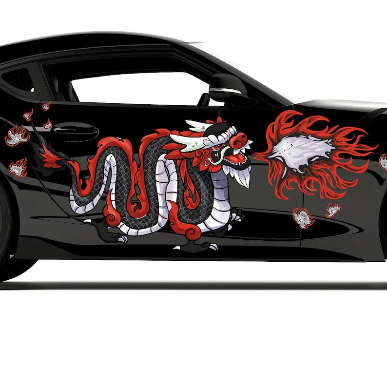 

Red and Black Dragon and Flames Side Car Wrap, Car Decal, Car Stickers, Car Livery