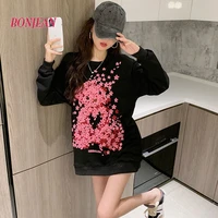 casual embroidery hoodies women 2022 vintage korean style black loose flower sweatshirt long sleeve tops harajuku clothes school