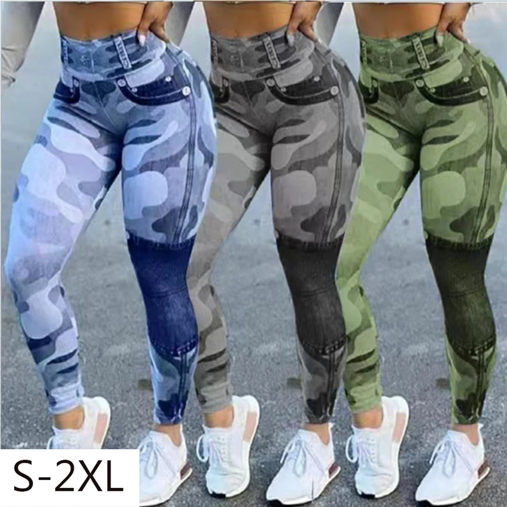 

Camo Imitation Jean Pants Women High Waist Leggings Camouflage Print Seamless Faux Jeans Women Camo Workout Small Foot Pants