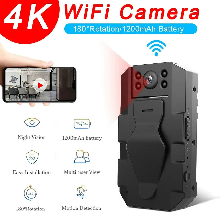 

4K 1080P HD мини Wi-Fi камера вращение на 180 градусов видеорегистратор с зажимом для задней панели удаленный мониторинг ip-камера с ночным видением ...