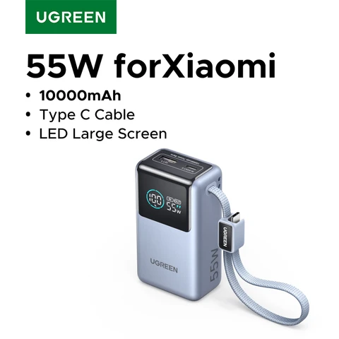 Портативный внешний аккумулятор UGREEN 55W 10000 мАч с кабелем Type-C для быстрой зарядки Redmi Note, Xiaomi Mi 14, 13, 12