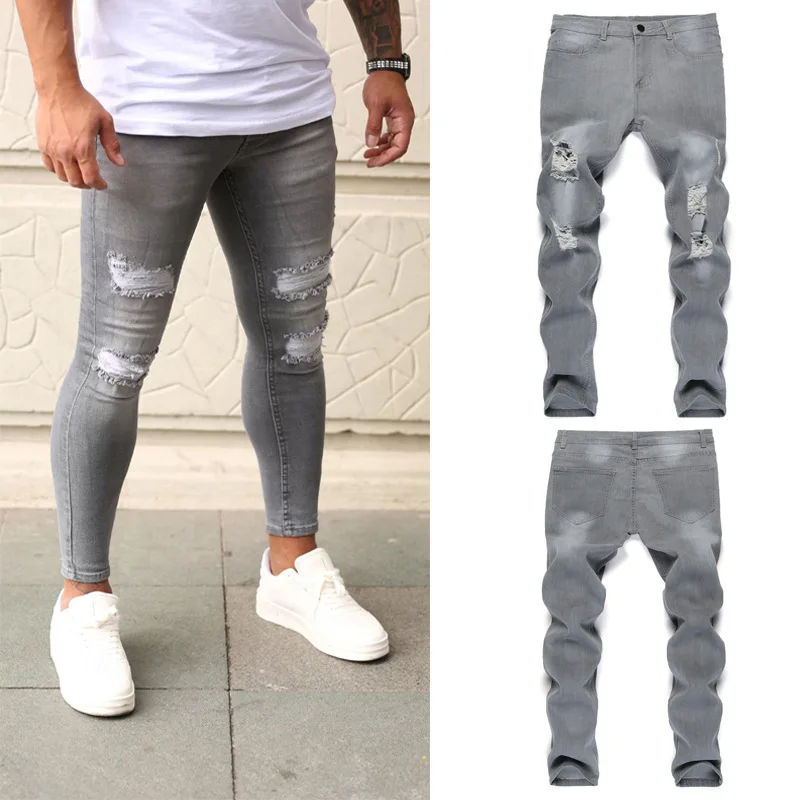 

Hot Style Elastic Skinny Pants Youth Ripped Jeans Mens Slim Jeans Feet Scratch Denim Trousers Light Gray Large Size S-3XL