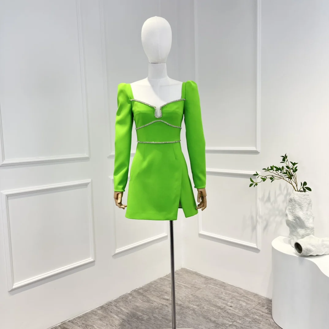 

Hot Sale 2023 Autumn Winter Diamonds Beading Long Sleeve A-line Mini Black and Fluorescent Green Dress