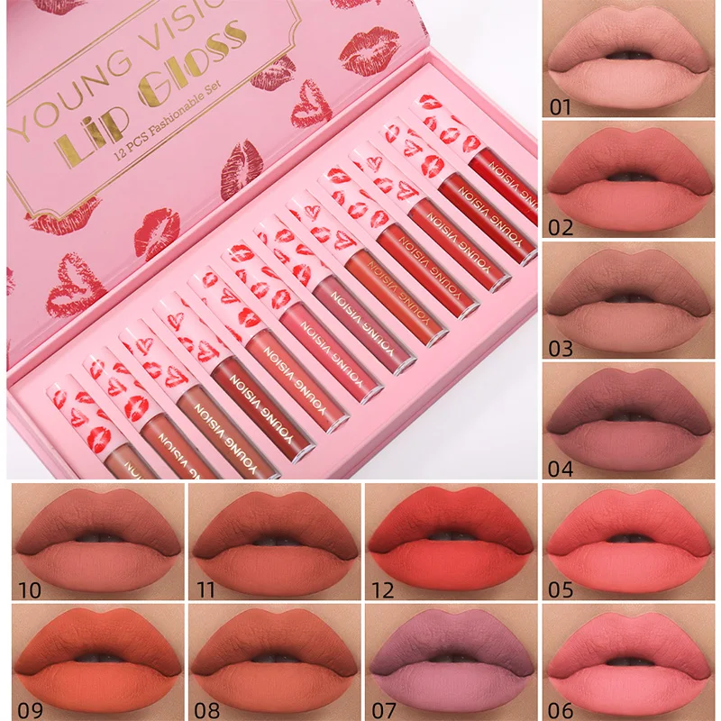 

12 Colors/Set Matte Lip Gloss Velvet Lip Tint Combo Natural Moisturizing Liquid Lipstick Long Lasting Beauty Fashion Cosmetic