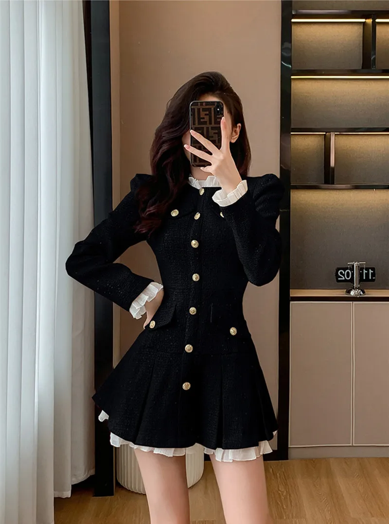 

New Arrival Black Tweed Short Blazer Dress Women Autumn Winter Single-breasted Collision color Splicing Pleated Mini Dress