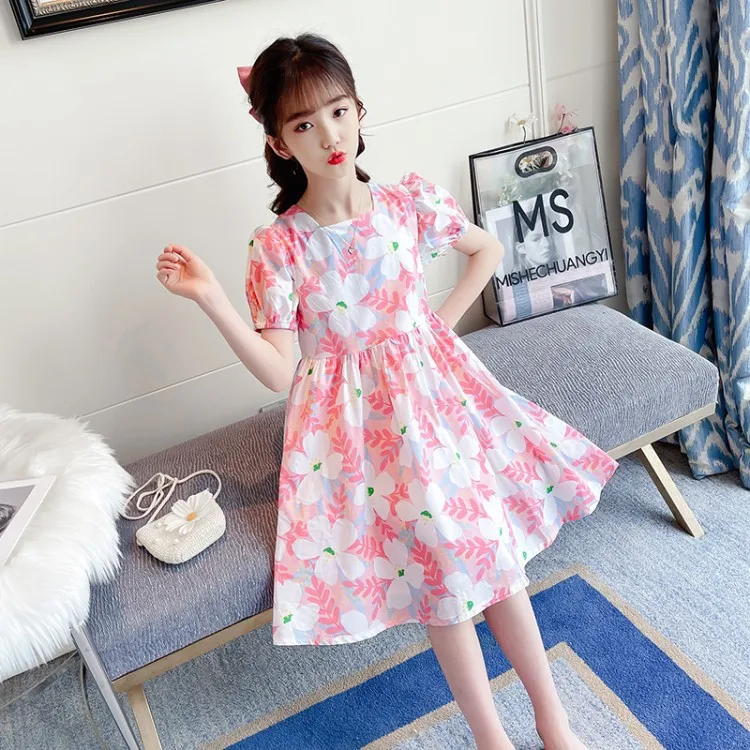 

Girls short sleeve Dress Cotton Flower Print Children Wear Korean Cute Cotton Princess Party Dresses 4 5 6 7 8 9 10 11 12 14 Ye