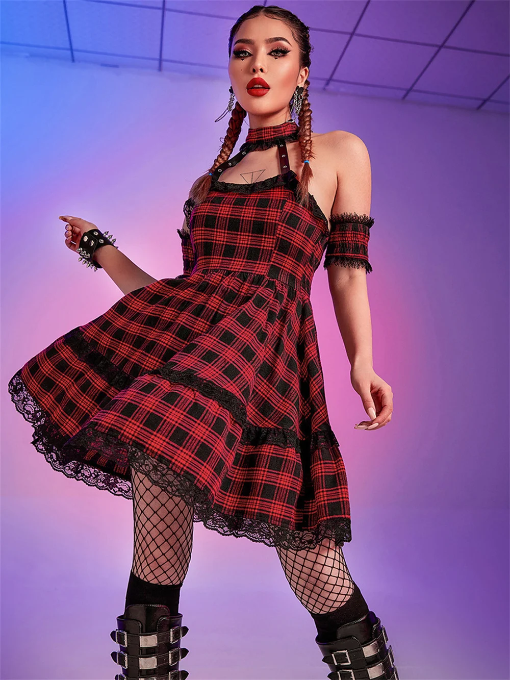 Y2K готическое винтажное красное клетчатое платье с лямкой на шее в стиле