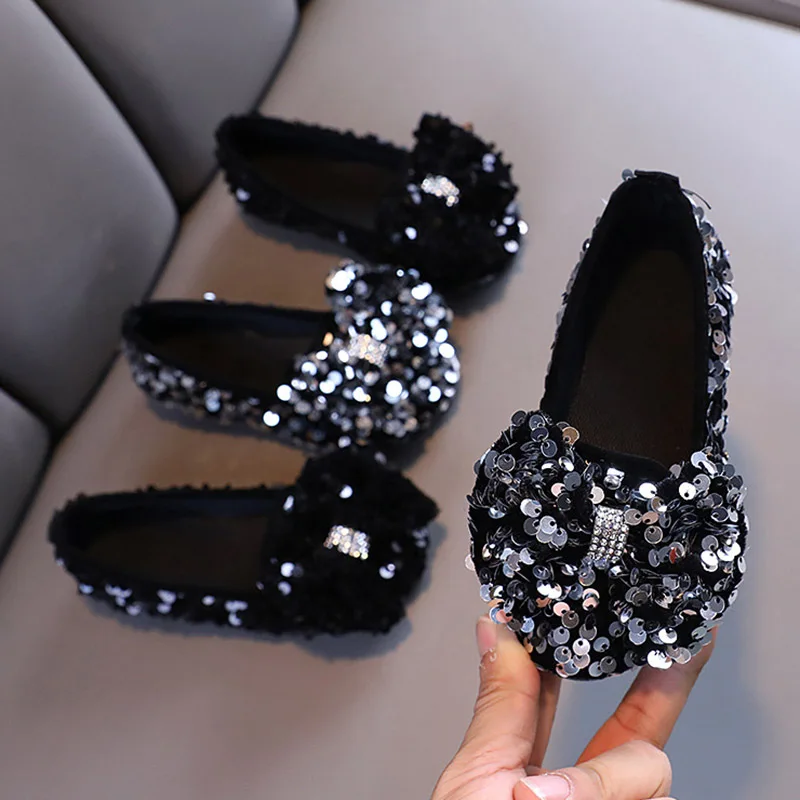

Демисезонные туфли для девочек, блестящие туфли-лодочки с бантом, обувь принцессы с кристаллами, Детские блестящие туфли без застежек для малышей