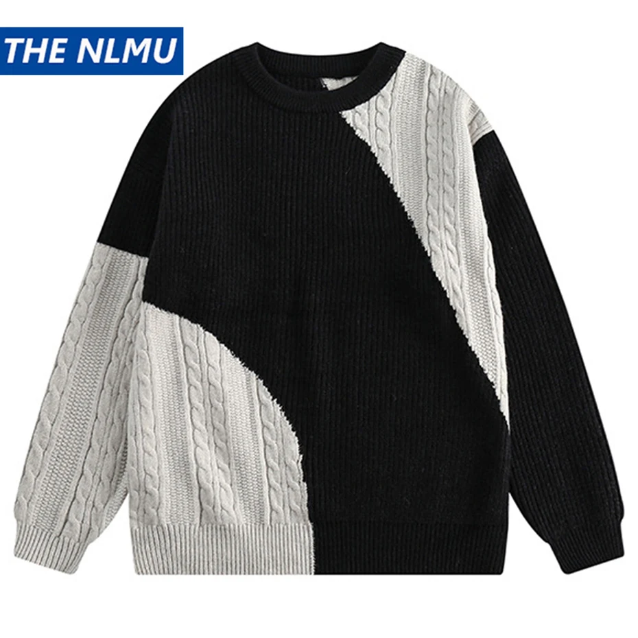 2023 Men Y2K Sweater Color Block Patchwork Oversized Hip Hop Streetwear Harajuku Sweater Knitted Jumpers Pullovers Autumn Winter