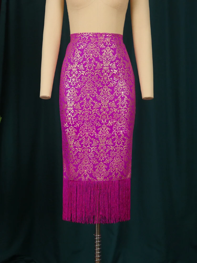 

Women Tassel Fringe Bodycon Print Pencil Skirts High Waist Stretch Sheath Midi Length Ladies Vintage Slim New