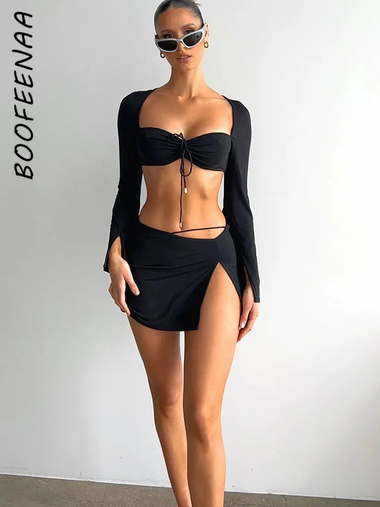 

BOOFEENAA черный комплект из двух предметов, женские Клубные наряды, сексуальные платья с длинным рукавом, короткий топ и мини-юбка с разрезом, к...
