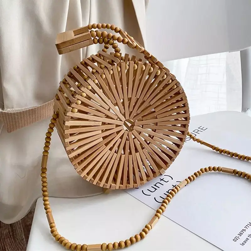 

Fashion Round Beading Wooden Women Shoulder Crossbody Bags Rattan Handbags Bamboo Woven Summer Beach Straw Bag Small Bali Purses