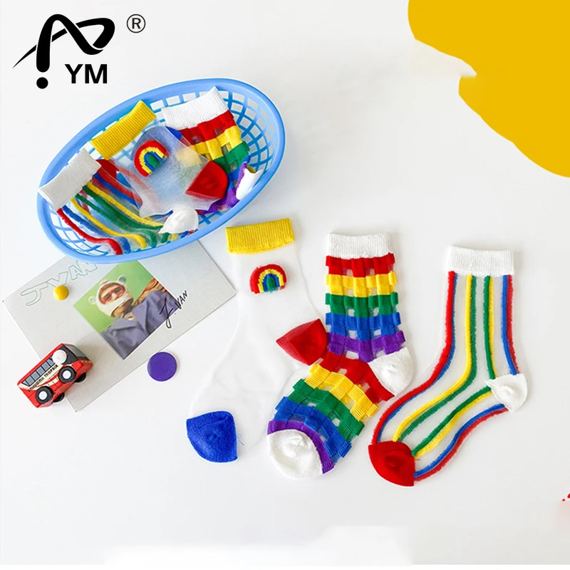 

New 2022 Summer Kids Sock Solid Korean Thin Rainbow Card Silk Cotton Cute Sock