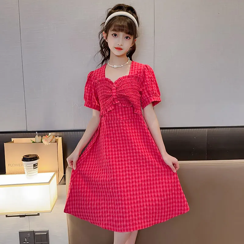 

Summer Girls Dress Short Sleeve Plaid Dress Kids Dresses for Girls Party Princess Dresses Children Clothes Flower Girl Dresses