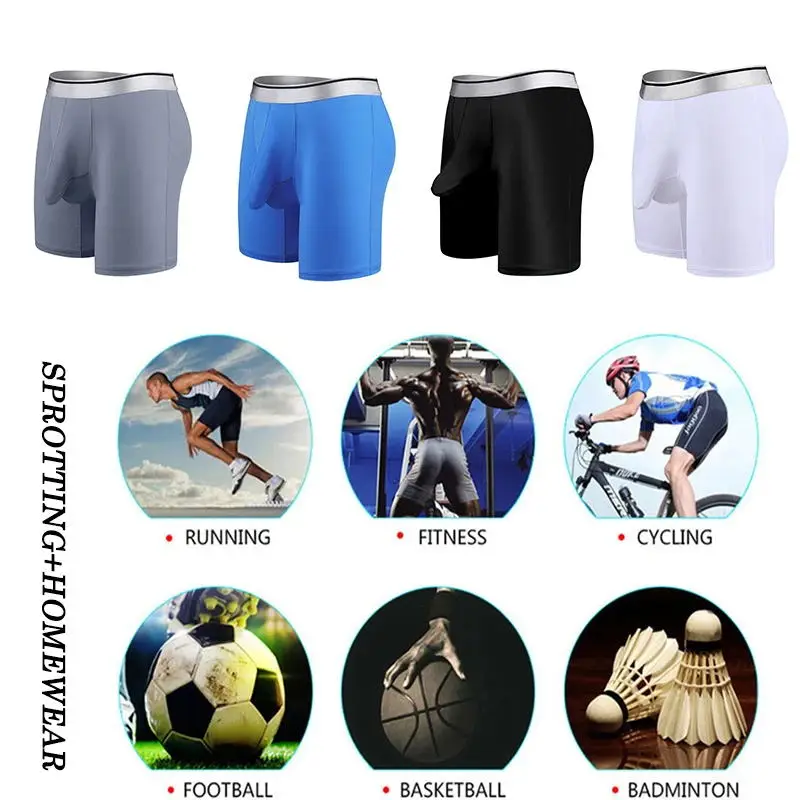 Ice Silk Fitness Long Boxer Shorts Underwear Men Sporty Sexy Underpants Penis Bag Pouch Stretch Boxers Sportswear Male Panties