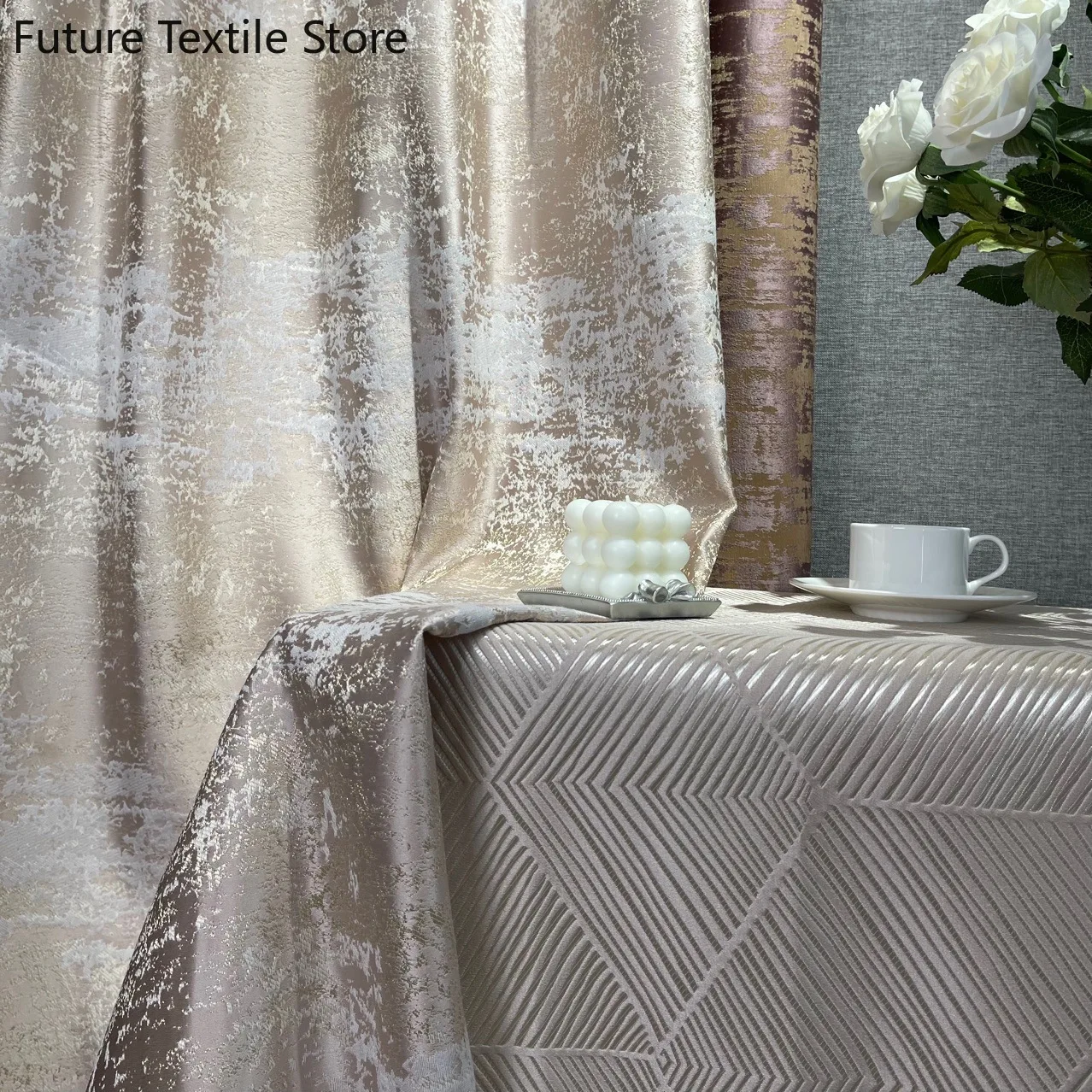 

2023 New Beige Jacquard Stitching Thickening Blackout Curtains for Living Room Bedroom Finished Product Customization