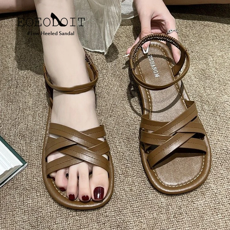 

Сандалии женские на плоской подошве, кожаные босоножки с перекрестной шнуровкой, однотонная обувь для отдыха, лето