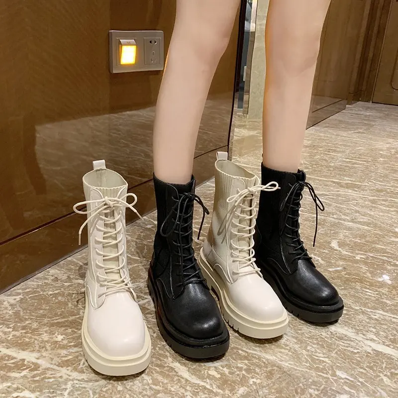 

Women Army Combat Ankle Boots Woman Lace Up Shoes Gothic Sock Platform Leather Chunky Heels Boots Fashion Botas Mujer New 2022