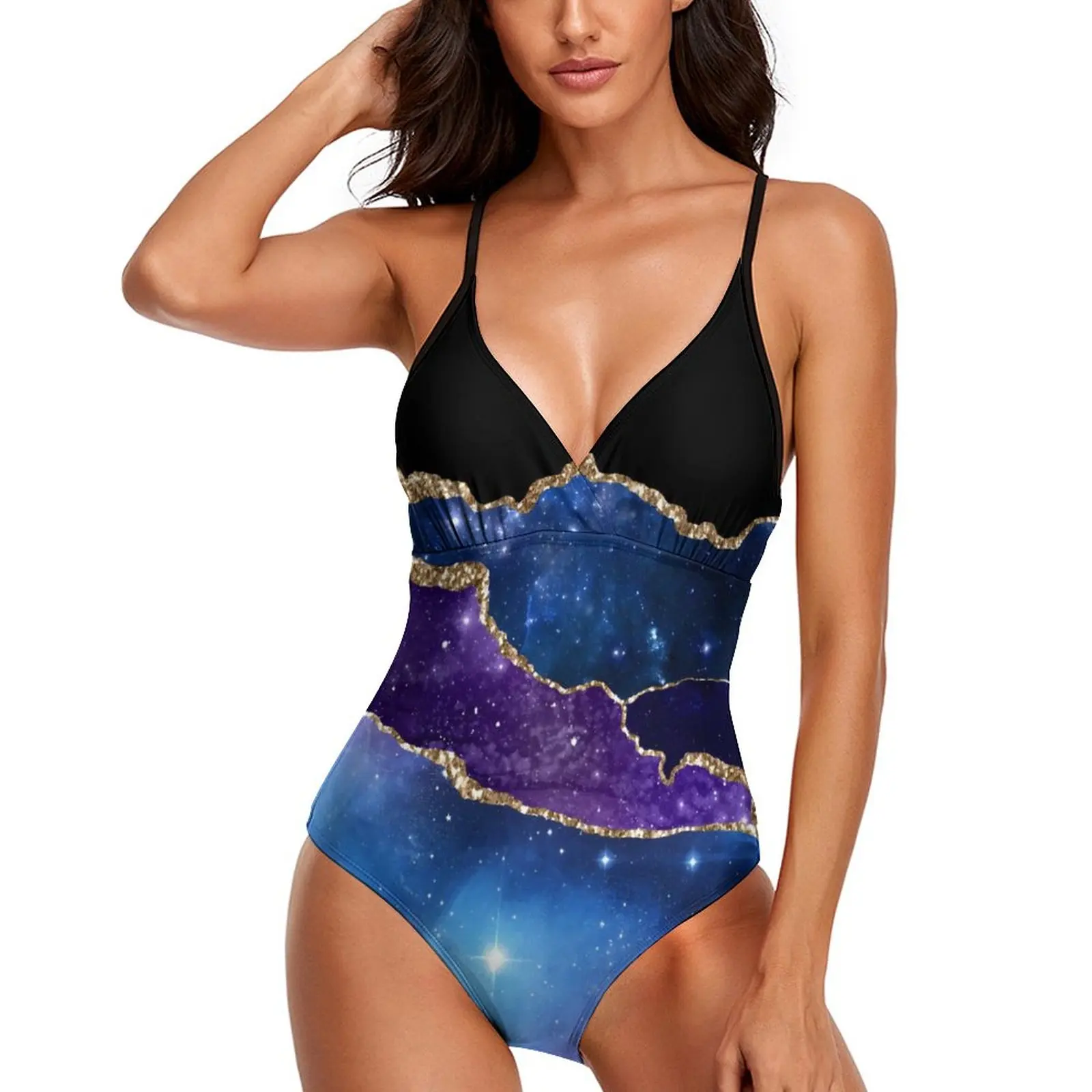 

Marble Space Print Swimsuit Galaxy Sparkly Push Up Swimwear One-Piece Lace Up Bathing Suit Sexy Fashion Swimsuits Beach Wear