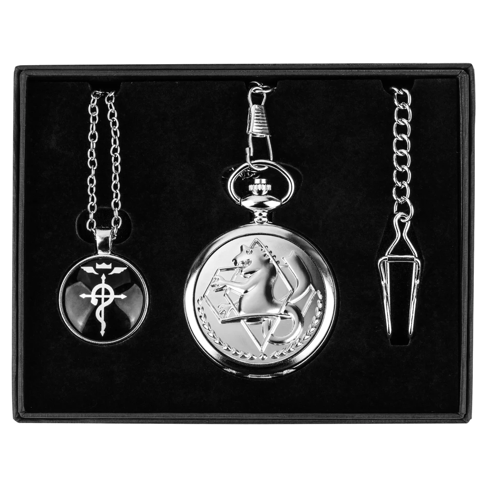 3PCS Necklace Pocket Watch Retro Tone Fullmetal Gifts Sets for Men Anime Cosplay Pendant Black Quartz Clock Reloj De Bolsillo