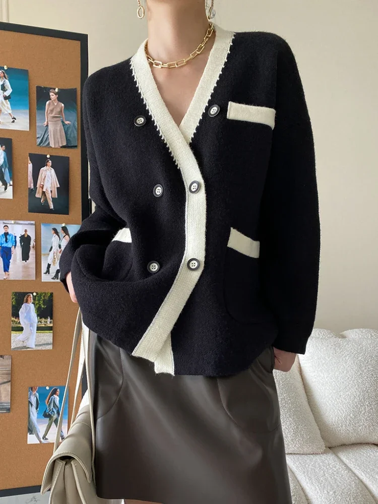 

Женский контрастный вязаный свитер, шикарный двубортный кардиган с V-образным вырезом, женское трикотажное пальто, Осень-зима 2024