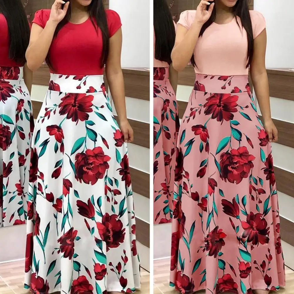 

Hot Sales!!! Women Floral Print Color Block Round Neck Beach Party Short Sleeve Maxi Dress
