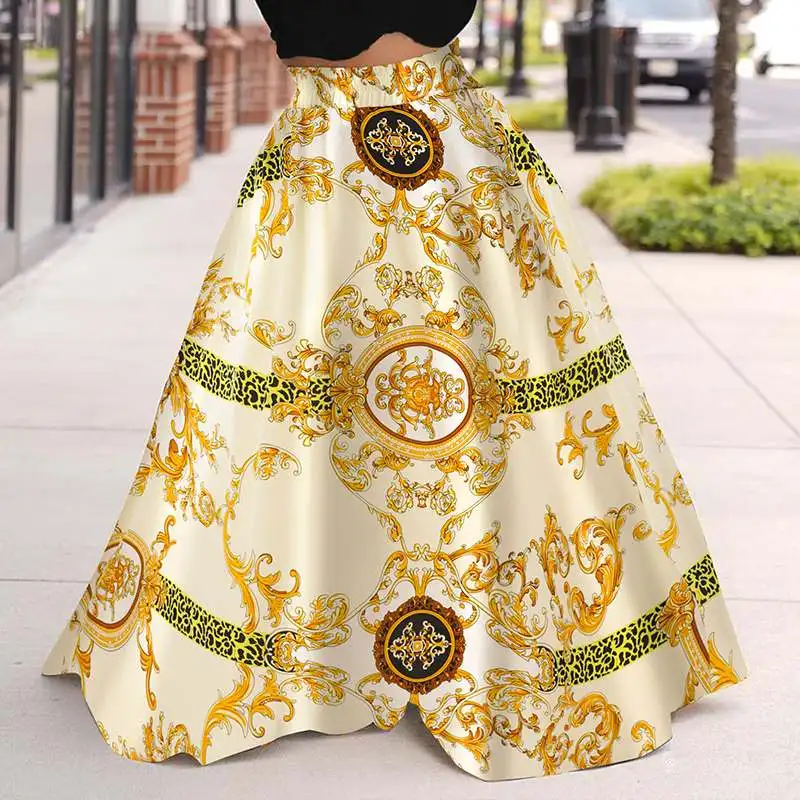 

2022 VONDA Autumn Vintage Printed Party Maxi Skirt Women Summer Elastic Waist Skirt With Pockets Femininas Spring Loose Skirts