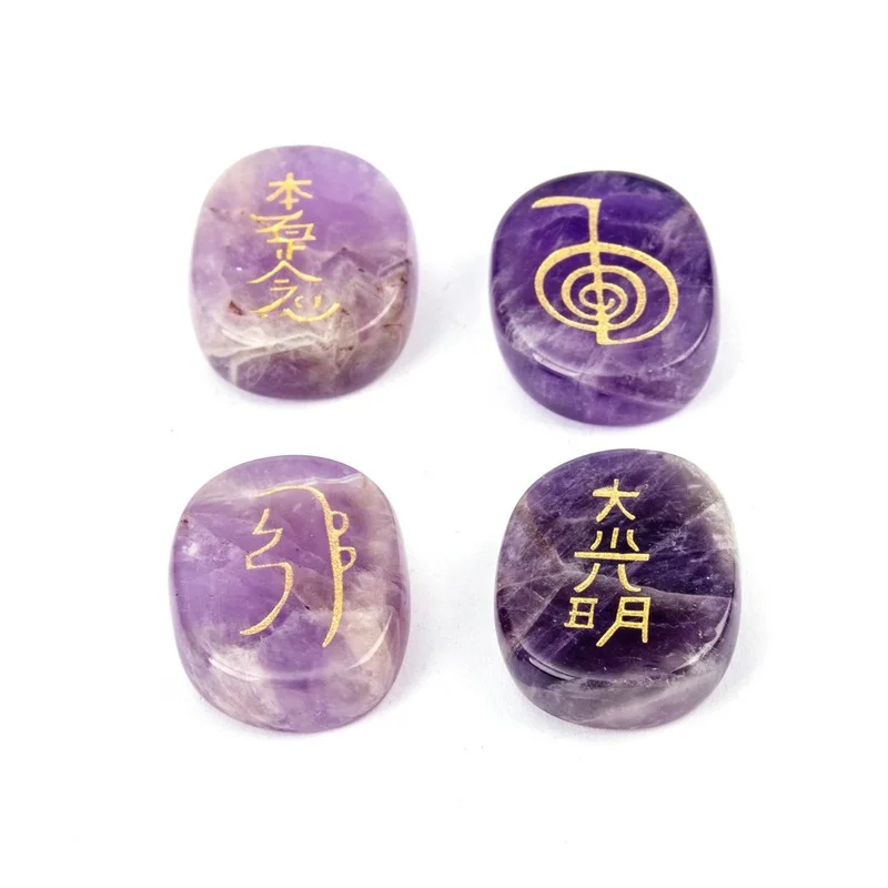 

Natural Bronzing Four Reiki Symbols of Japanese Religion Carved Symbols Gem Alphabet Beads Amethyst Jewelry Making