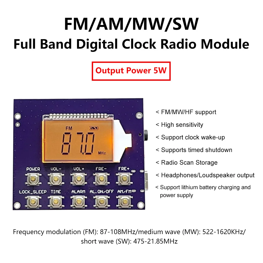 FM Wireless Radio Receiver Module MW/SW 87-108MHz Station Auto Storage 4.75-21.85MHz Digital Clock LED Display DC 3.7V