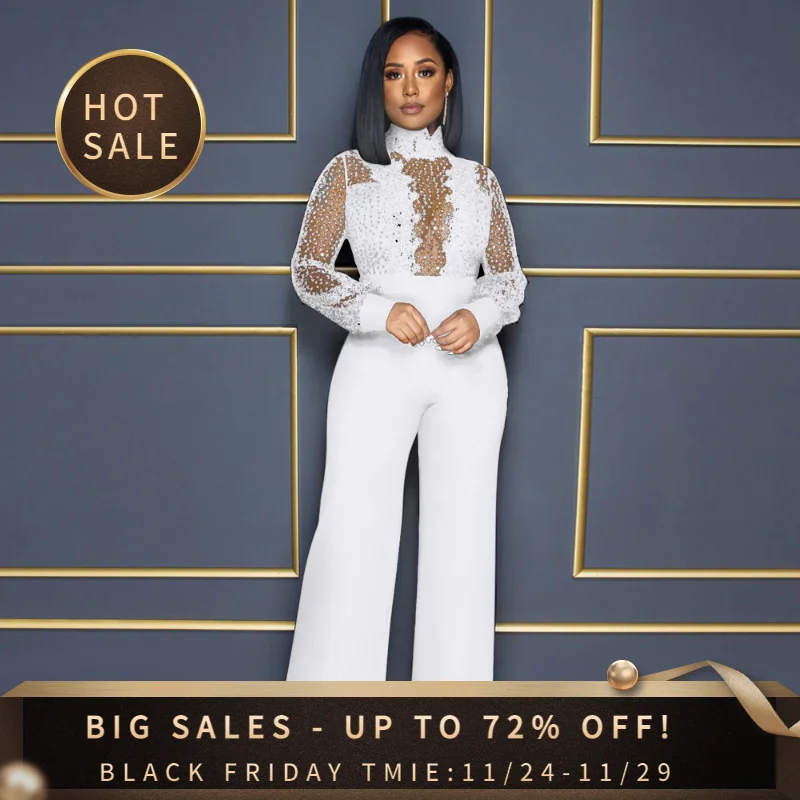 

Jumpsuit Women 2022 Party Style Sexy Hollow High Collar Sequin Lace Perspective Long Sleeve Top Loose Jumpsuit Female Clothing
