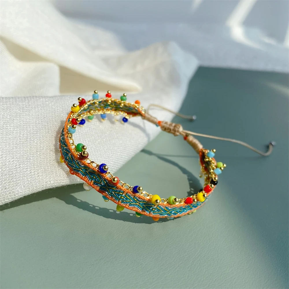 

KKBEAD New in Bohemian Braided Bracelet Beads Handwoven Jewelry Fall Winter Cloth Bracelets for Women Pattern Wristband Pulsera