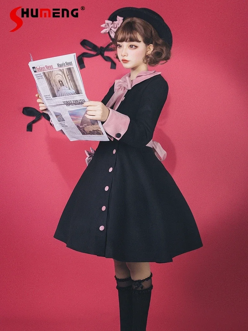 Осенне-зимнее черное шерстяное пальто в стиле &quotЛолита&quot женское французское