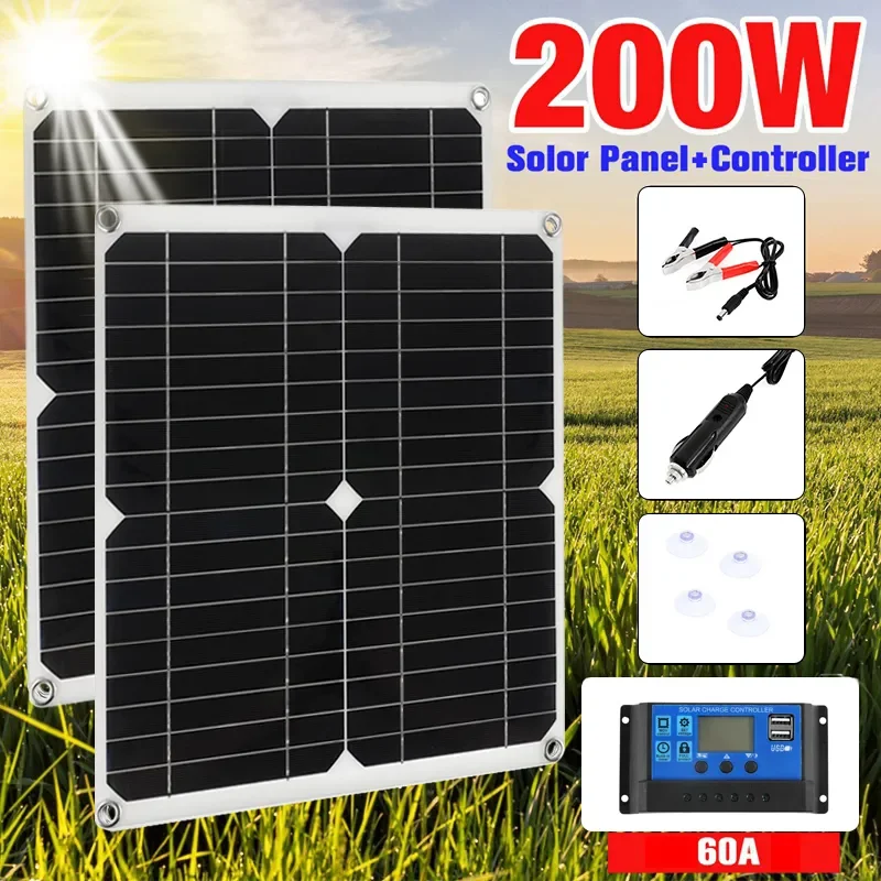

200W Solar Panel Kit With 60A Controller DC 18V Portable Solar Power Charger for Bank Battery Camping Car Boat RV Solar Plate
