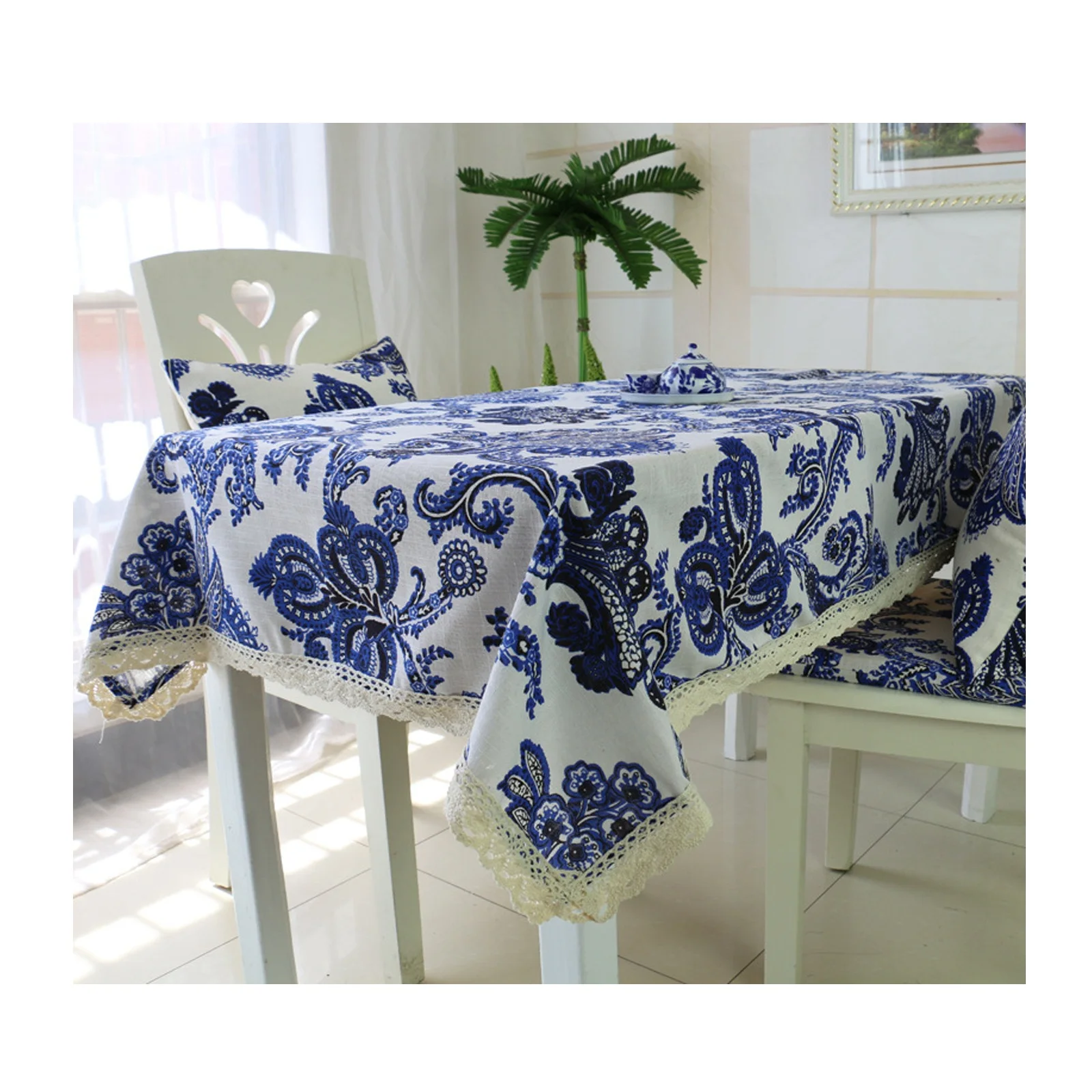 

Tablecloth Extra Long Rectangle Cotton Linen Vintage Pattern Phoenix Blue & White Porcelain Printed Blue Kitchen Dining Decor