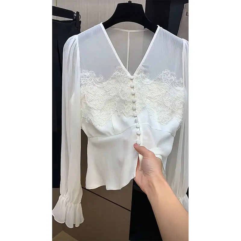 lace patchwork top spring and summer 2023 new design white foreign fashion chiffon shirt woman  top mujer