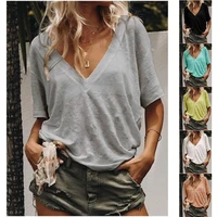 2022 new deep v neck plus size short sleeved top fashion all match womens solid color sexy pullover casual loose t shirt s 5xl